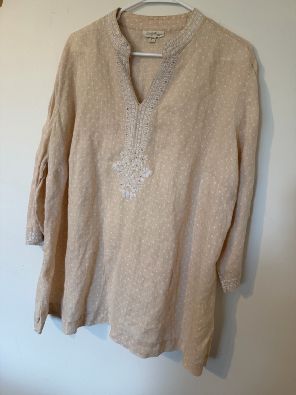Charter Club Beige/peach Linen Embroidered V-Neck Tunic